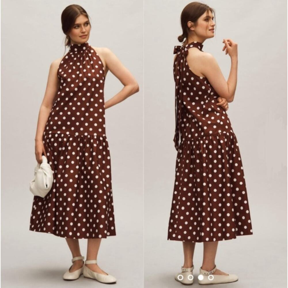 Anthropologie MAEVE Halter Drop-Waist Midi Dress Polka Dot Brown Size M NWT $158